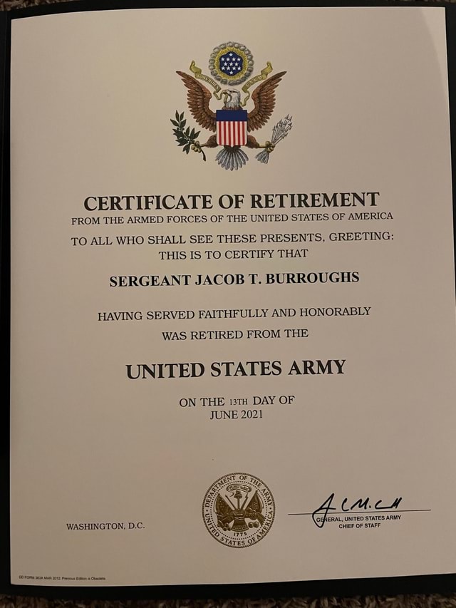 CERTIFICATE OF RETIREMENT FROM THE ARMED FORCES OF THE UNITED STATES OF ...