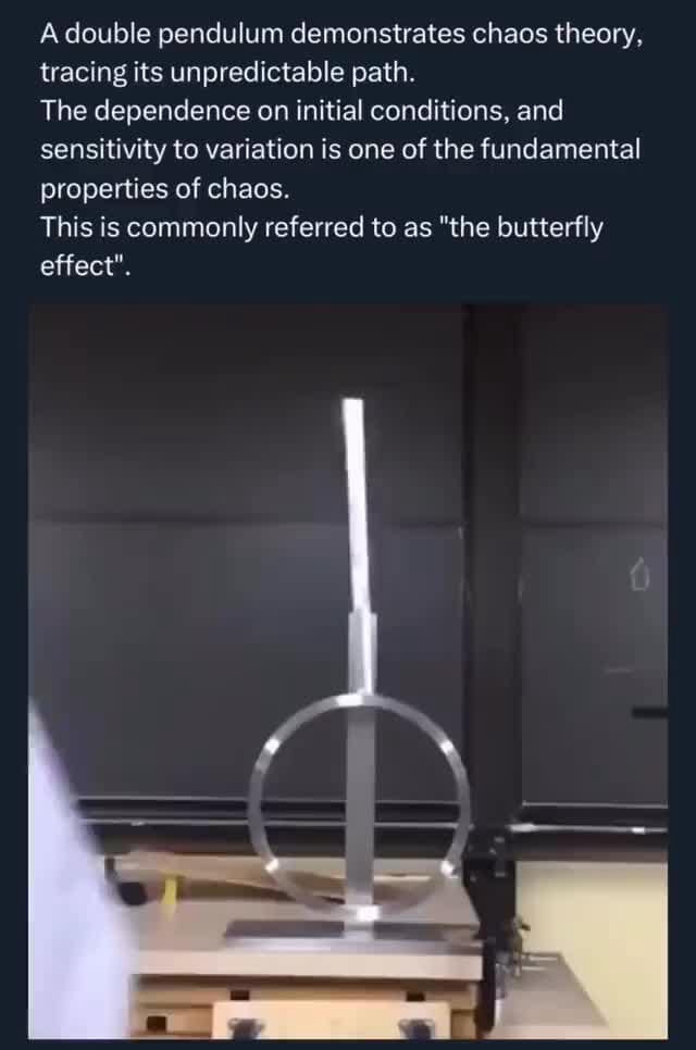 A double pendulum demonstrates chaos theory, tracing its unpredictable path. The dependence on