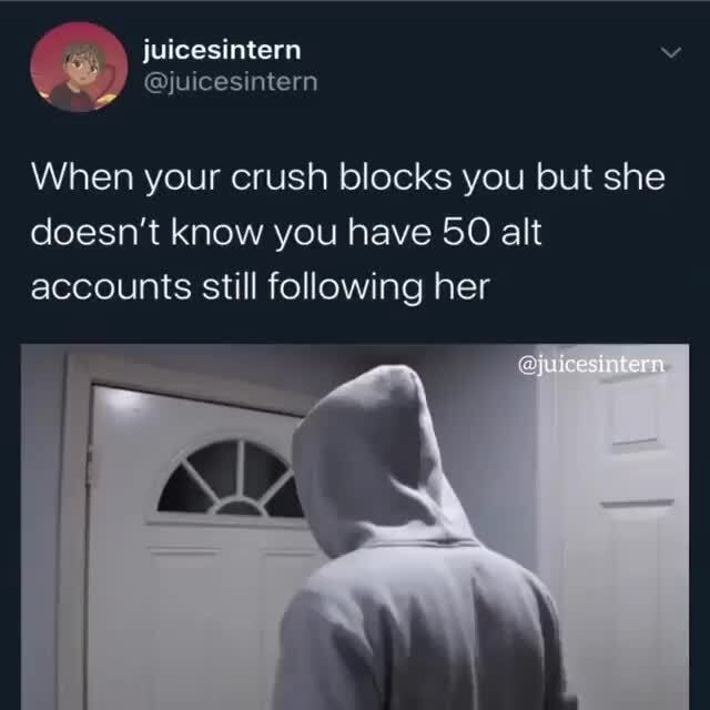 When your crush blocks you but she doesn't know you have 50 alt