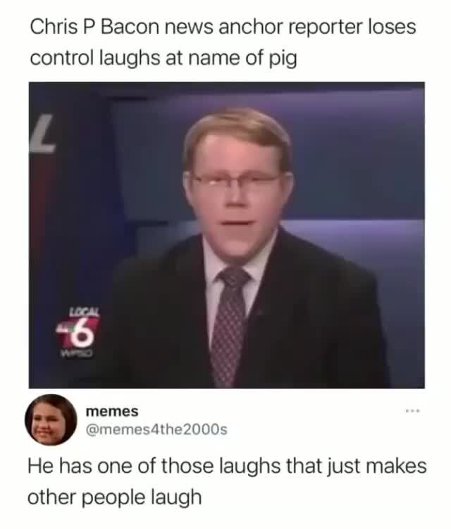Chris P Bacon news anchor reporter loses control laughs at name of pig