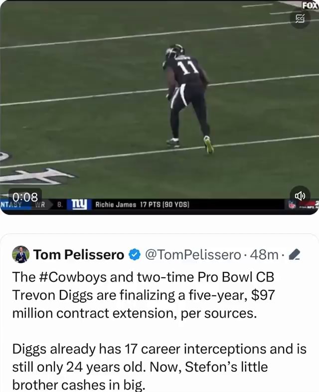 Tom Pelissero on X: The #Cowboys and two-time Pro Bowl CB Trevon Diggs are  finalizing a five-year, $97 million contract extension, per sources. Diggs  already has 17 career interceptions and is still