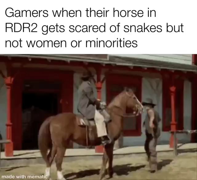 Gamers when their horse in RDR2 gets scared of snakes but not women or