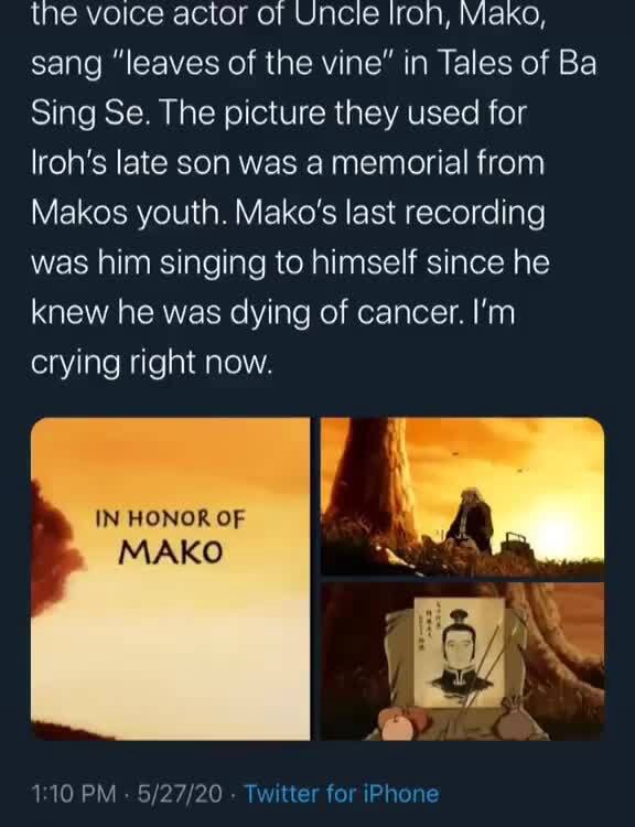 The voice actor of Uncie Iron, Mako, sang "leaves of the vine" in Tales of Ba Sing Se. The