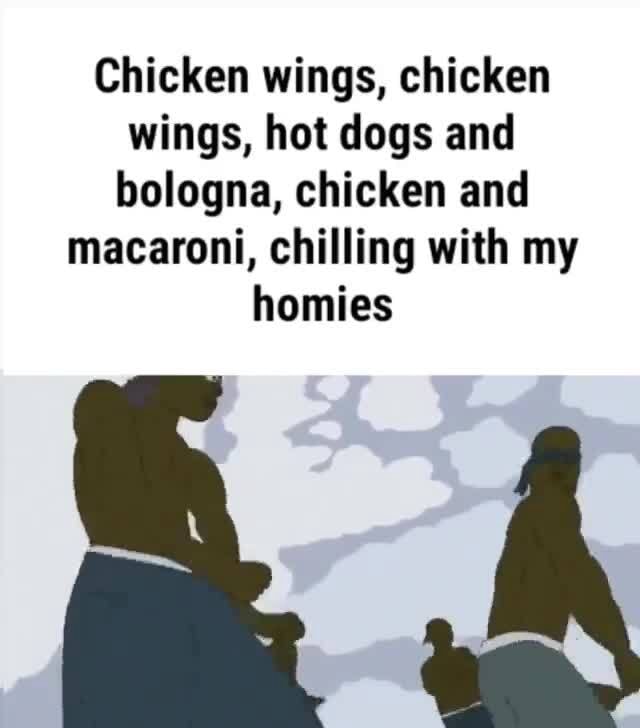 Chicken wings, chicken wings, hot dogs and bologna, chicken and