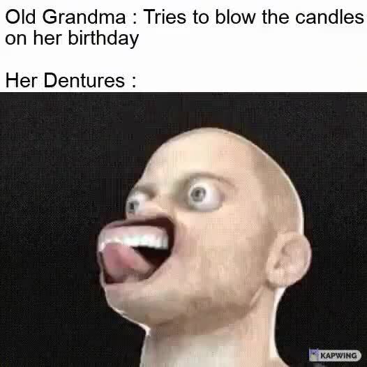 Old Grandma Tries to blow the candles on her birthday Her Dentures )