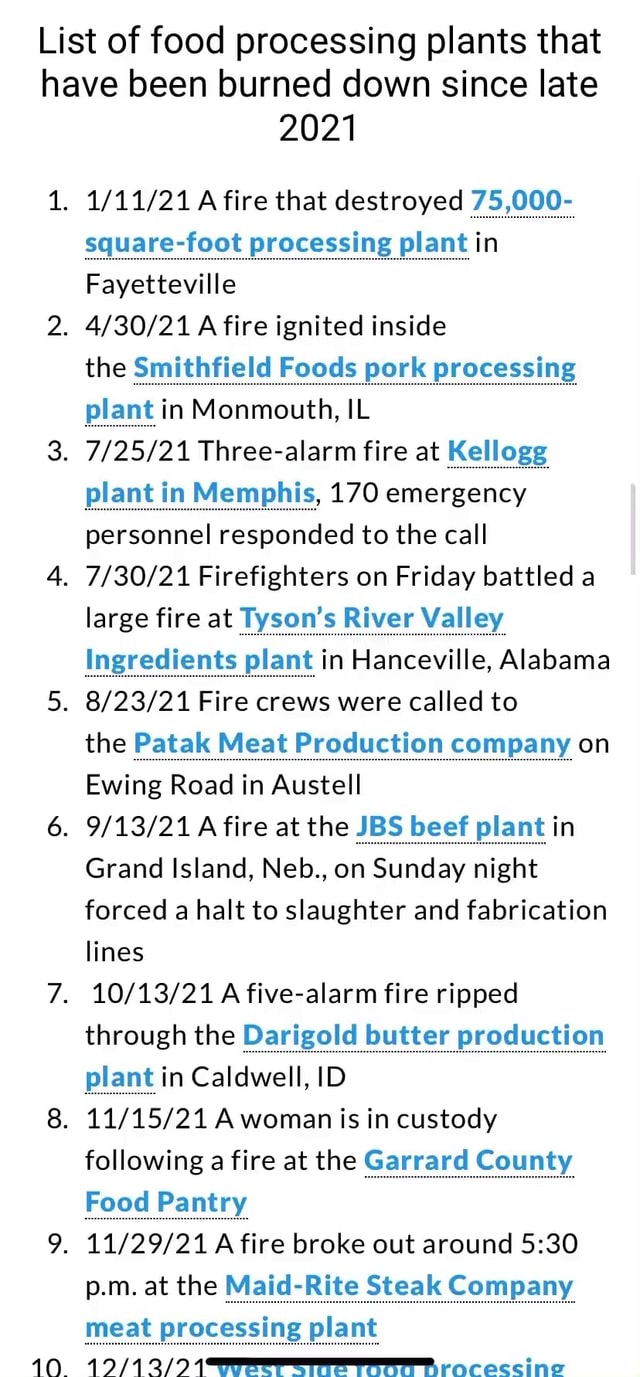 List of food processing plants that have been burned down since late