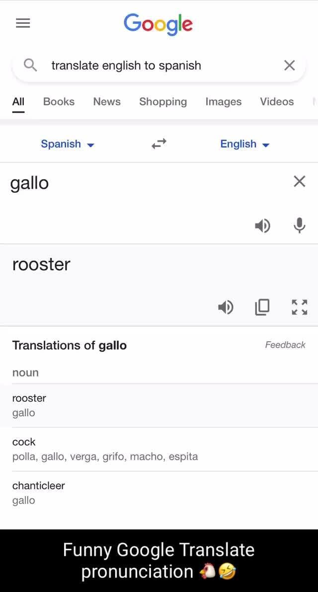 Google translate english to spanish x All Books News Shopping Images Videos  Spanish English gallo rooster Translations of gallo Feedback noun rooster  gallo cock polla, gallo, verga, grifo, macho, espita chanticleer gallo