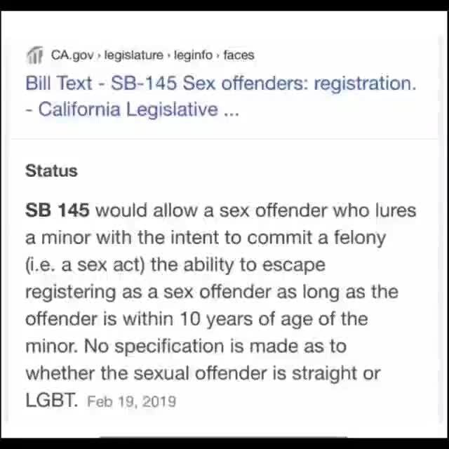 CA.gov legisiature leginfo faces Bill Text SB145 Sex offenders