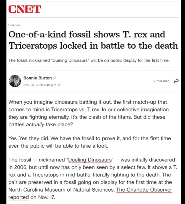 Cnet One Of A Kind Fossil Shows T Rex And Triceratops Locked In Battle To The Death The Fossil 