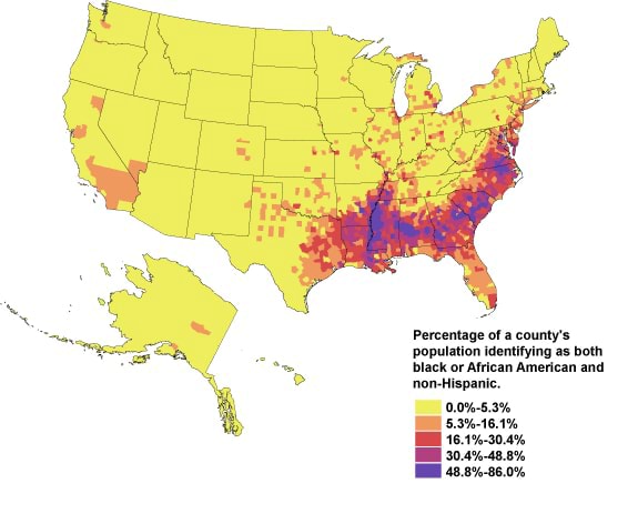 Percentage of a county's population identifying as both black or