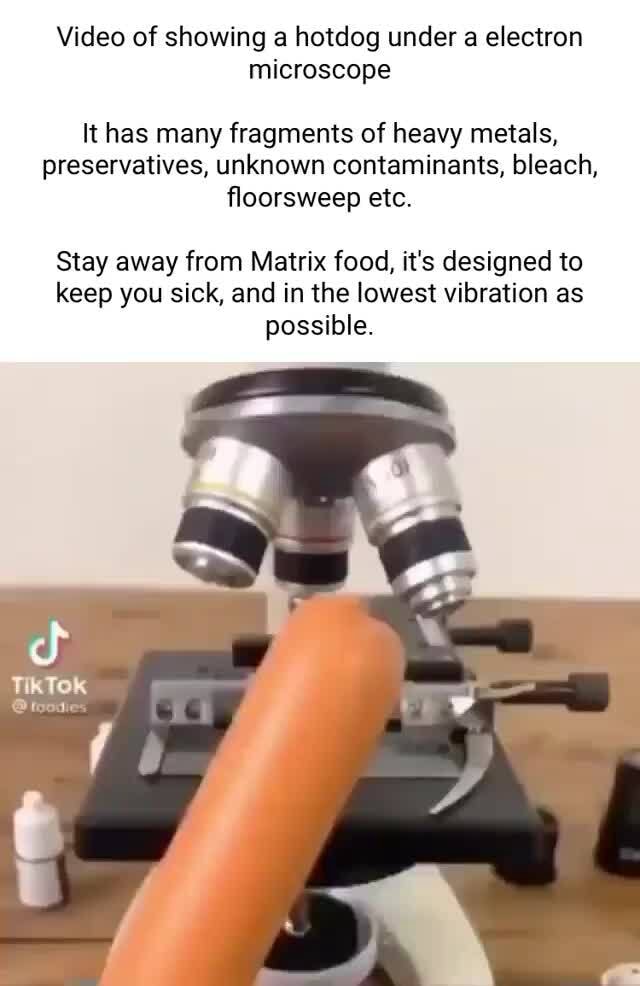 Video of showing a hotdog under a electron microscope It has many fragments of heavy metals